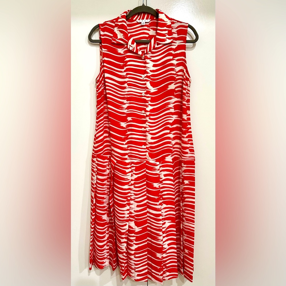CAbi Red and White Sleeveless Button-Front Patterned Dress